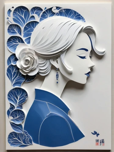 paper art,ceramic tile,cool woodblock images,art deco woman,wall plate,japanese art,decorative art,blue leaf frame,multi layer stencil,blue and white porcelain,wall sticker,japanese wave paper,japan,flower art,blue rose,wall art,tea art,china southern airlines,woodblock prints,korea,Illustration,Japanese style,Japanese Style 06