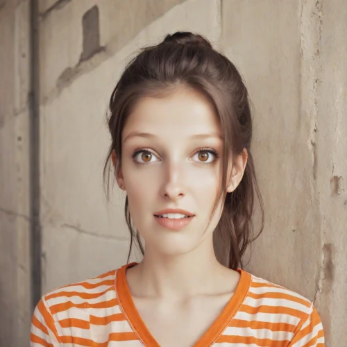 girl in t-shirt,female model,attractive woman,young woman,maya,pretty young woman,beautiful young woman,vintage girl,retro girl,portrait of a girl,andrea vitello,retro woman,woman face,striped background,orange color,realdoll,beautiful face,brunette,orange,vintage woman