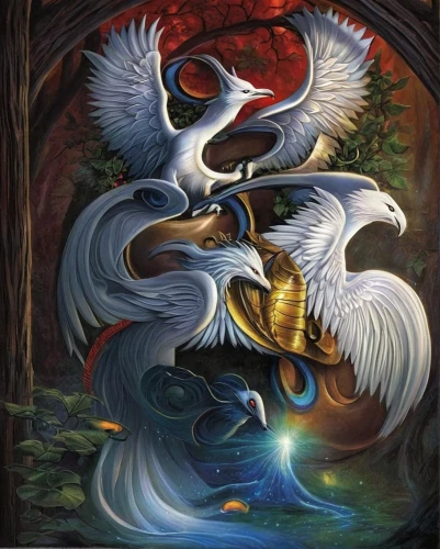 trumpet of the swan,pegasus,constellation swan,fantasy art,fantasy picture,angel playing the harp,the head of the swan,dove of peace,gryphon,swan lake,the zodiac sign pisces,the annunciation,oil painting on canvas,uriel,fantasia,solomon's plume,swans,mythological,shamanic,capricorn mother and child,Conceptual Art,Fantasy,Fantasy 30