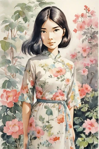 japanese floral background,girl in flowers,hanbok,floral japanese,japanese woman,oriental painting,asian woman,watercolor background,flower painting,chinese art,girl picking flowers,oriental girl,japanese art,watercolor women accessory,floral background,japanese sakura background,peach blossom,vietnamese woman,kimono fabric,vintage asian,Digital Art,Watercolor