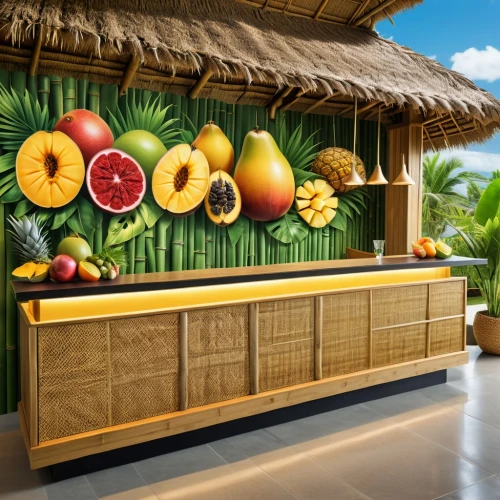 beach bar,pool bar,fruit stand,bar counter,tropical house,tropical fruits,coconut bar,coconut water processing machine,tropical drink,fruit stands,beach restaurant,fruit cocktails,coconut water bottling plant,liquor bar,passion fruit daiquiri,unique bar,tropical beach,kiwi coctail,exotic fruits,wine cooler,Photography,General,Realistic