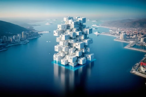cube stilt houses,water cube,futuristic architecture,diamond lagoon,skyscapers,cubic house,cube sea,tallest hotel dubai,largest hotel in dubai,floating huts,building honeycomb,residential tower,floating island,dalian,artificial island,very large floating structure,artificial islands,skycraper,floating islands,high-rise building