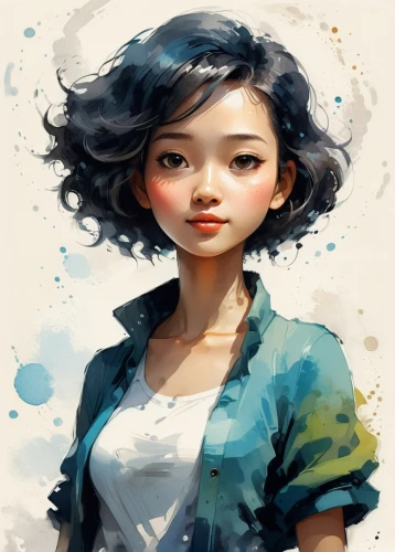 girl with speech bubble,girl portrait,japanese woman,digital painting,oriental girl,girl drawing,mystical portrait of a girl,little girl in wind,illustrator,transistor,world digital painting,mulan,geisha girl,girl in t-shirt,artist color,asian woman,study,painter doll,blue painting,geisha,Conceptual Art,Fantasy,Fantasy 16