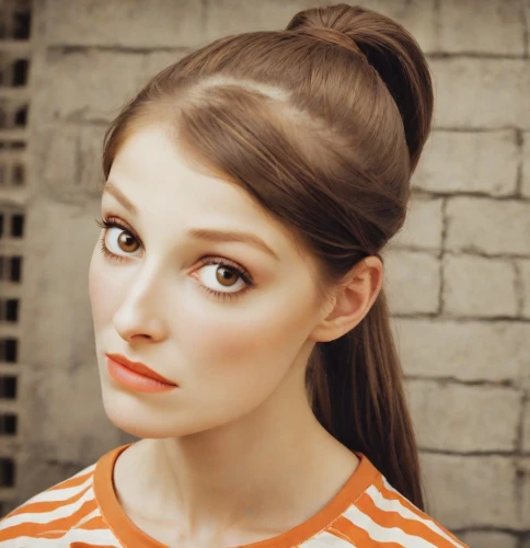 clove,doll's facial features,updo,vintage makeup,make-up,ponytail,porcelain doll,pompadour,pony tail,british actress,pony tails,vintage girl,pretty young woman,beautiful face,portrait of a girl,retro woman,make up,applying make-up,bun,young woman