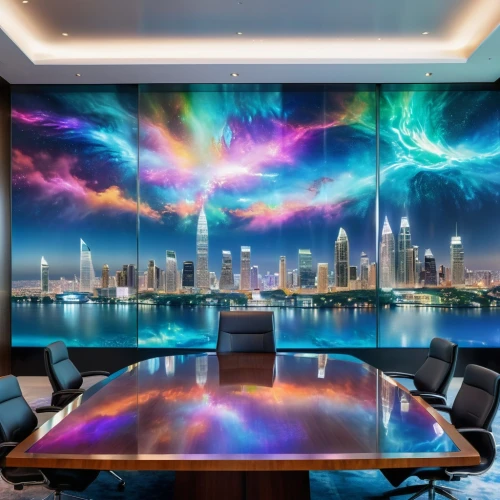 conference room table,boardroom,conference table,projection screen,conference room,meeting room,board room,great room,lcd projector,glass wall,creative office,modern decor,sky apartment,interior design,blur office background,aquarium decor,powerglass,contemporary decor,flat panel display,wall art,Illustration,Realistic Fantasy,Realistic Fantasy 20