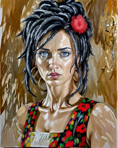 girl in a wreath,oil painting,frida,photo painting,oil painting on canvas,portrait of a girl,david bates,girl portrait,italian painter,girl-in-pop-art,boho art,bjork,khokhloma painting,woman portrait,young woman,oil paint,art painting,oil pastels,girl with cloth,oil on canvas