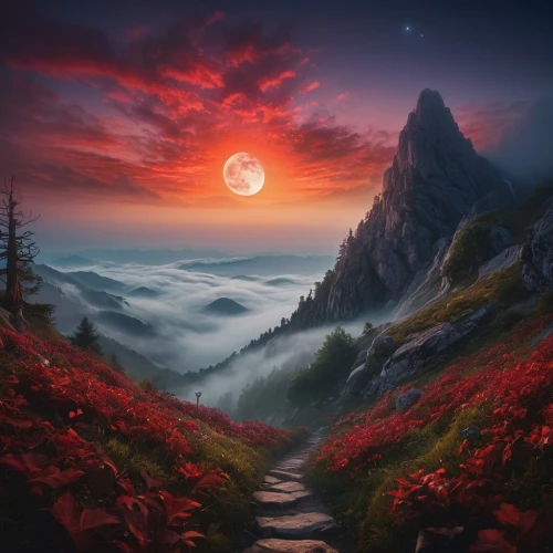 fantasy landscape,fantasy picture,mountain sunrise,the mystical path,mountain landscape,landscape background,landscape red,fantasy art,mountainous landscape,valley of the moon,mountain scene,nature landscape,beautiful landscape,lunar landscape,moonscape,red sky,world digital painting,moonrise,high landscape,hiking path,Photography,General,Natural