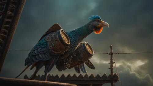 weathercock,blue parrot,big pigeon,city pigeon,cockerel,chicken bird,crown pigeon,king of the ravens,garuda,landfowl,bird pigeon,roasted pigeon,fan pigeon,pigeon,3d crow,rare parakeet,the chicken,plumed-pigeon,raptor perch,avian,Photography,General,Fantasy