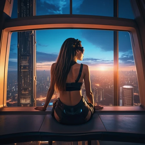 above the city,with a view,window view,cityscape,viewpoint,city view,window sill,cyberpunk,sky apartment,perched,windowsill,silhouette,girl sitting,meditative,meditating,window to the world,yoga silhouette,view from the top,meditation,big window,Photography,General,Realistic