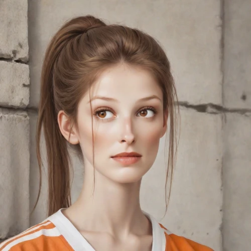 realdoll,female model,portrait of a girl,natural cosmetic,girl portrait,young woman,young model istanbul,updo,woman face,doll's facial features,basketball player,artificial hair integrations,fashion vector,ponytail,orange color,model beauty,pompadour,portrait background,french silk,pony tail