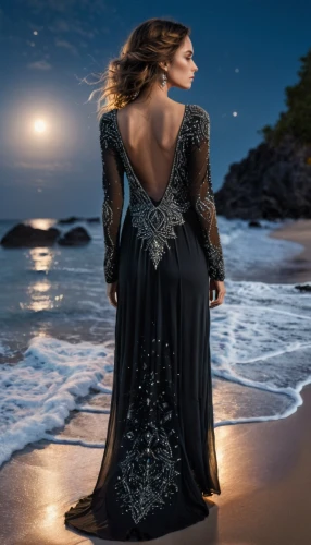 evening dress,queen of the night,celtic woman,gown,robe,romantic look,ball gown,enchanting,nightgown,wedding gown,passion photography,lady of the night,moonlight,bridal party dress,gothic dress,moonlit night,moonlit,photo session at night,girl in a long dress from the back,sea night,Conceptual Art,Fantasy,Fantasy 11