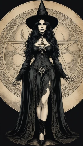 sorceress,witches pentagram,the witch,witch,gothic woman,priestess,celebration of witches,pentacle,the enchantress,gothic fashion,witches,halloween witch,witches legs,dark gothic mood,witch house,gothic portrait,goth woman,witch's legs,witch's hat icon,divination,Illustration,Realistic Fantasy,Realistic Fantasy 46