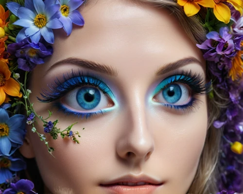 faery,faerie,eyes makeup,flower fairy,women's eyes,peacock eye,girl in flowers,elven flower,violet eyes,algerian iris,fairy peacock,beautiful girl with flowers,flowers png,irises,natural cosmetics,ojos azules,blue flowers,retouching,natural cosmetic,flower nectar,Illustration,Realistic Fantasy,Realistic Fantasy 20