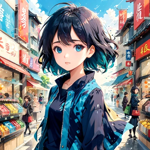 anime japanese clothing,ganai,shibuya,shopping street,harajuku,osaka,piko,tokyo,cyan,2d,nico,hong,nori,anime girl,tokyo city,colorful background,taipei,teal blue asia,convenience store,shinjuku,Anime,Anime,Traditional