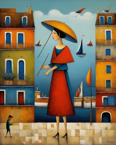 italian painter,gondolier,woman with ice-cream,man with umbrella,apulia,woman walking,burano,puglia,liguria,portofino,girl with bread-and-butter,little girl with umbrella,woman at cafe,woman playing,sicily,travel woman,carol colman,woman shopping,little girl in wind,woman holding pie,Art,Artistic Painting,Artistic Painting 29