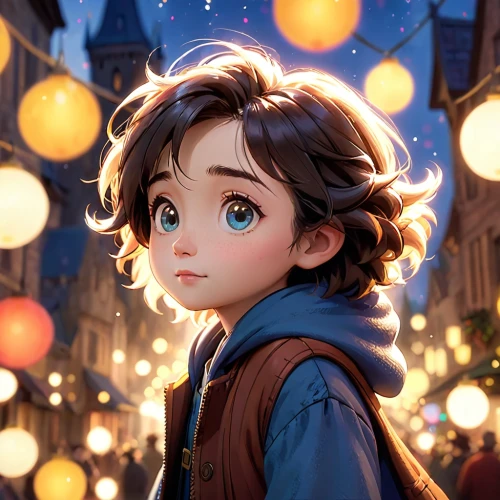 fireflies,french digital background,cg artwork,lanterns,kids illustration,girl with speech bubble,little girl in wind,city ​​portrait,studio ghibli,fairy lights,violet evergarden,garland of lights,illumination,lights,wonder,city lights,luminous,child portrait,little girl with balloons,lantern,Anime,Anime,Cartoon