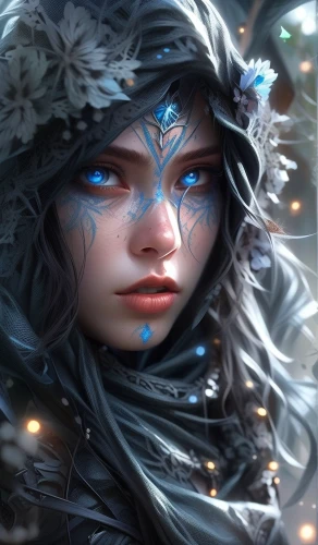 the snow queen,fantasy portrait,blue enchantress,elven flower,winterblueher,faery,white rose snow queen,elven,faerie,mystical portrait of a girl,fantasy art,ice queen,blue snowflake,fantasy picture,the enchantress,suit of the snow maiden,starflower,sorceress,violet head elf,fae