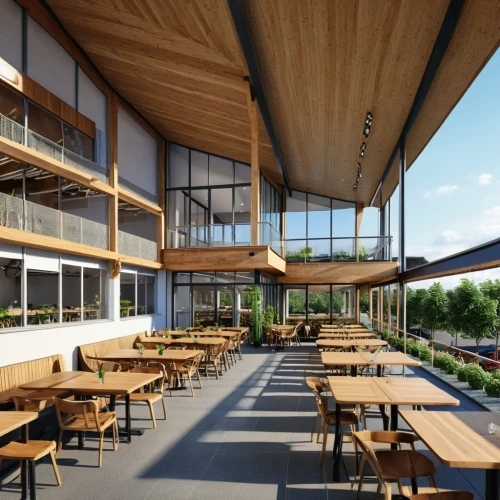 school design,cafeteria,canteen,beer tables,daylighting,folding roof,outdoor dining,ski facility,roof terrace,3d rendering,food court,archidaily,eco-construction,wooden beams,beer garden,taproom,roof garden,business school,alpine restaurant,eco hotel,Photography,General,Realistic