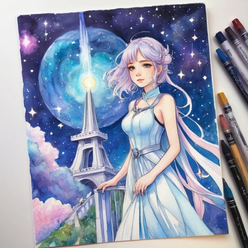 eiffel,eiffel tower,copic,moon and star background,watercolor paris,starry sky,blue moon rose,paris,the eiffel tower,star drawing,rem in arabian nights,watercolor background,the moon and the stars,starlight,eifel,moon and star,luna,color pencil,la violetta,blue moon,Illustration,Paper based,Paper Based 02