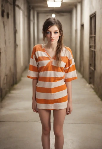 prisoner,isolated t-shirt,girl in t-shirt,prison,horizontal stripes,orange,the girl in nightie,detention,without clothes,photo session in torn clothes,handcuffed,hard candy,drug rehabilitation,teen,liberty cotton,arbitrary confinement,girl with cereal bowl,bad girl,nightwear,striped background,Photography,Natural