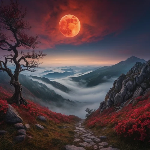 fantasy landscape,fantasy picture,mountain landscape,lunar landscape,landscape background,moonscape,mountain scene,valley of the moon,mountainous landscape,moonrise,moonlit night,nature landscape,fantasy art,autumn mountains,the mystical path,mountain sunrise,foggy landscape,high landscape,beautiful landscape,blood moon,Photography,General,Natural