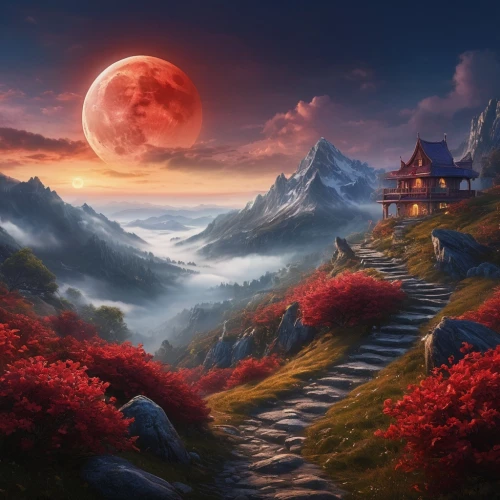 fantasy landscape,fantasy picture,lunar landscape,landscape background,mountain landscape,the mystical path,valley of the moon,mountain scene,mountainous landscape,landscape red,autumn mountains,blood moon,moonlit night,mid-autumn festival,fantasy art,moonrise,mount scenery,autumn landscape,phase of the moon,high landscape,Photography,General,Natural