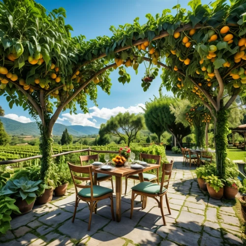 pergola,tuscan,orange tree,persimmon tree,aperol,napa,outdoor table and chairs,outdoor table,napa valley,patio,tuscany,terrace,antigua guatemala,fruit trees,fruit tree,vegetables landscape,lemon tree,villa d'este,hacienda,vineyards,Photography,General,Realistic