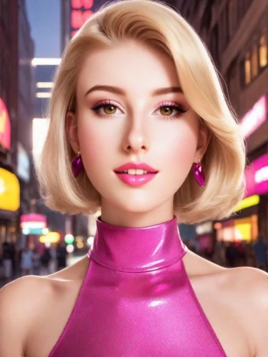 barbie,marylyn monroe - female,barbie doll,realdoll,pink beauty,retro woman,retro girl,cosmopolitan,pixie-bob,female model,blonde woman,dahlia pink,3d rendered,doll's facial features,3d model,world digital painting,cosmetic,artificial hair integrations,hot pink,airbrushed