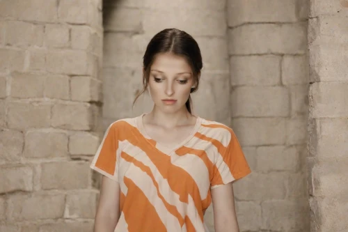 blouse,isolated t-shirt,video clip,orange robes,torn dress,video scene,long-sleeved t-shirt,orange,orange color,young model istanbul,digital compositing,girl in t-shirt,torn shirt,concrete background,girl walking away,fashion shoot,photo session in torn clothes,sand seamless,bright orange,girl in a long dress