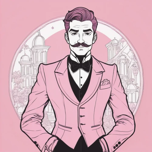 man in pink,gentlemanly,the pink panther,gentleman icons,aristocrat,pink tie,pink quill,suit of spades,pink panther,pink vector,wedding suit,pink gin,pompadour,groom,pink background,gentleman,the groom,pink-purple,butler,men's suit,Illustration,Paper based,Paper Based 27