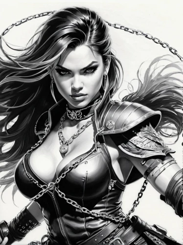 female warrior,huntress,swordswoman,heroic fantasy,warrior woman,the enchantress,sorceress,fantasy woman,birds of prey,breastplate,harnessed,mono-line line art,fantasy art,sci fiction illustration,scarlet witch,super heroine,celtic queen,birds of prey-night,hard woman,black widow,Illustration,Black and White,Black and White 30