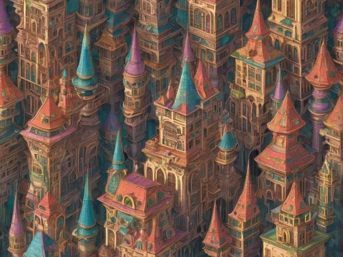 gaudí,roofs,minarets,cityscape,colorful city,fantasy city,towers,terracotta,city blocks,roof domes,city buildings,basil's cathedral,urban towers,terracotta tiles,spire,skyscraper town,skyscrapers,kaleidoscopic,pink city,detail shot,Illustration,Realistic Fantasy,Realistic Fantasy 02