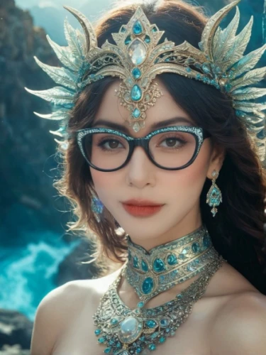 with glasses,eye glass accessory,the sea maid,nami,asian costume,fantasy girl,fantasy woman,mermaid,diadem,tiara,masquerade,3d fantasy,azerbaijan azn,fairy queen,miss circassian,mermaid background,asian vision,eye glasses,crystal glasses,merfolk