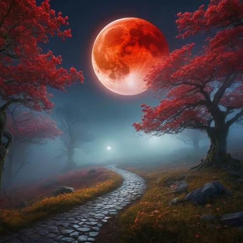 blood moon,blood moon eclipse,fantasy picture,lunar eclipse,fantasy landscape,lunar landscape,the mystical path,moonlit night,phase of the moon,valley of the moon,moonscape,moonlit,hanging moon,total lunar eclipse,moons,full moon,red riding hood,landscape red,moonrise,moon valley,Photography,General,Natural