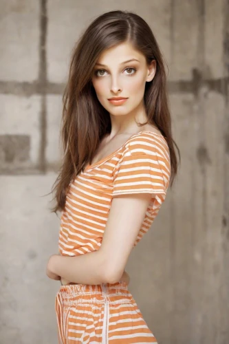 striped background,girl in t-shirt,beautiful young woman,portrait background,horizontal stripes,orange,female model,portrait photography,wooden background,teen,girl in a long,pretty young woman,young woman,girl in overalls,orange color,women clothes,concrete background,photographic background,attractive woman,women's clothing