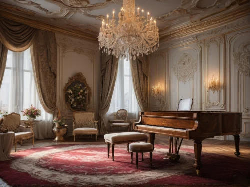 grand piano,ornate room,steinway,the piano,fortepiano,concerto for piano,rococo,player piano,great room,villa cortine palace,royal interior,neoclassical,danish room,piano,venice italy gritti palace,playing room,baroque,interior decor,napoleon iii style,interior decoration,Photography,General,Fantasy