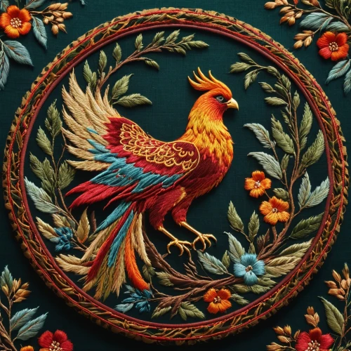 phoenix rooster,vintage rooster,an ornamental bird,ornamental bird,coat of arms of bird,embroidery,rosella,vintage embroidery,pheasant,prince of wales feathers,floral ornament,rooster,heraldic animal,bird pattern,flower and bird illustration,cockerel,garuda,araucana,traditional pattern,russian folk style,Photography,General,Fantasy