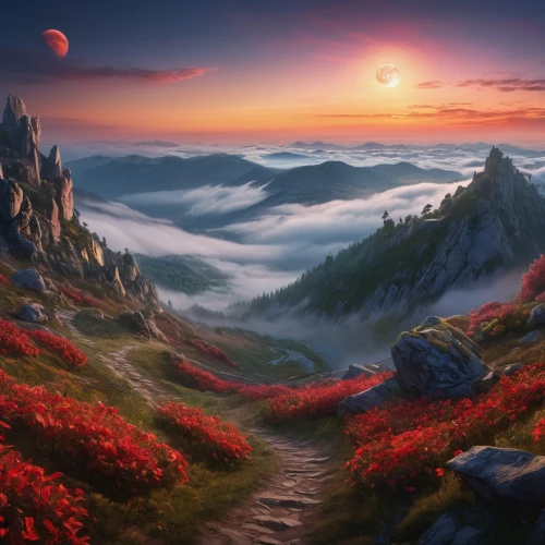 fantasy landscape,fantasy picture,mountain sunrise,lunar landscape,landscape background,fantasy art,mountainous landscape,mountain landscape,alien planet,futuristic landscape,volcanic landscape,hot-air-balloon-valley-sky,landscape rose,autumn mountains,landscape red,valley of the moon,high landscape,beautiful landscape,mushroom landscape,world digital painting,Photography,General,Natural