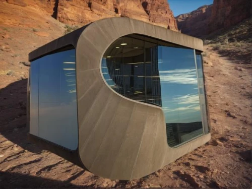 cubic house,mirror house,cube house,portable toilet,inverted cottage,red canyon tunnel,cooling house,teardrop camper,futuristic architecture,dunes house,observation deck,cliff dwelling,glen canyon,eco hotel,transparent window,futuristic art museum,grand canyon,travel trailer,the observation deck,eco-construction
