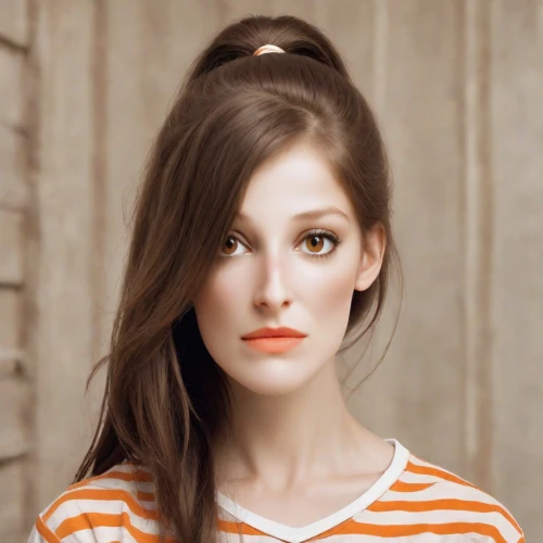 orange color,orange,bright orange,vintage girl,realdoll,beautiful young woman,orange half,poppy red,doll's facial features,pretty young woman,young woman,french silk,vintage makeup,model beauty,girl in t-shirt,striped background,retro girl,beret,vintage woman,porcelain doll