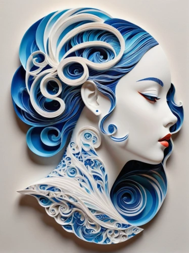 bodypainting,blue and white porcelain,body painting,glass painting,the zodiac sign pisces,the sea maid,siren,junshan yinzhen,blue rose,porcelain rose,paper art,japanese waves,the wind from the sea,blue painting,swirling,mermaid vectors,art deco woman,fractals art,aquarius,body art,Illustration,Realistic Fantasy,Realistic Fantasy 39
