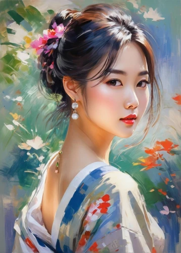 chinese art,hanbok,flower painting,vietnamese woman,oriental painting,japanese art,geisha girl,oriental girl,japanese woman,geisha,oriental princess,jasmine blossom,asian woman,art painting,girl in flowers,plum blossom,romantic portrait,mystical portrait of a girl,oriental,white blossom,Conceptual Art,Oil color,Oil Color 10