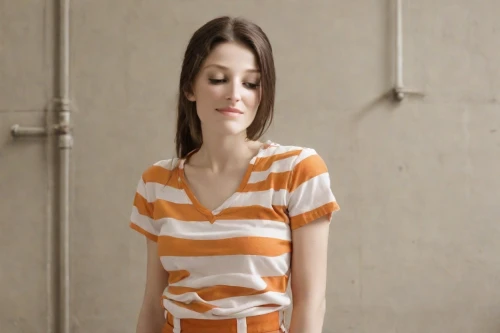 horizontal stripes,girl in t-shirt,isolated t-shirt,women clothes,striped background,video scene,women's clothing,photo session in torn clothes,long-sleeved t-shirt,polo shirt,girl in a long,pin stripe,cotton top,menswear for women,orange,ladies clothes,young woman,advertising clothes,one-piece garment,women fashion