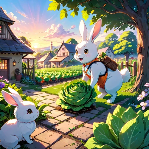 rabbits,rabbit family,bunnies,white rabbit,spring background,studio ghibli,easter background,springtime background,easter rabbits,rabbit pulling carrot,white bunny,easter theme,rabbits and hares,children's background,hare trail,bunny,easter banner,peter rabbit,easter festival,farm background,Anime,Anime,Realistic