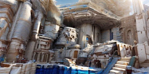ice castle,marble palace,trevi fountain,ephesus,white temple,ice hotel,fontana di trevi,trevi,atlantis,celsus library,egyptian temple,3d fantasy,look down on the trevi fountain,water castle,hall of the fallen,concept art,ruins,di trevi,ancient roman architecture,ancient buildings