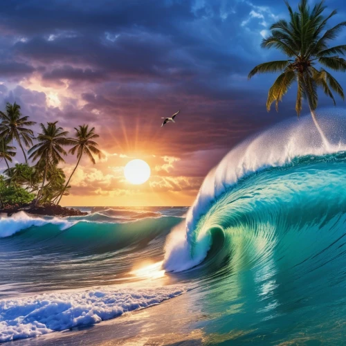 tropical sea,ocean background,ocean paradise,ocean waves,blue hawaii,surf,surfing,tropical beach,tidal wave,big wave,big waves,coconut trees,tropics,sub-tropical,dream beach,hawaii,caribbean sea,wave pattern,tropical island,braking waves,Photography,General,Realistic