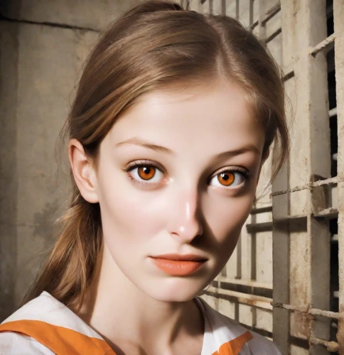 prisoner,woman face,mime artist,realdoll,mime,woman's face,portrait of a girl,the girl's face,young woman,prison,beauty face skin,natural cosmetic,photoshop manipulation,girl in a historic way,female model,orange,girl portrait,aperol,applying make-up,burglary,Photography,Natural