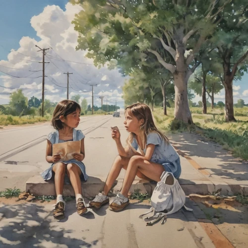 girl sitting,two girls,girl and boy outdoor,conversation,street scene,summer day,studio ghibli,little girls,little boy and girl,girl with bread-and-butter,little girl reading,children drawing,roadside,chalk drawing,chatting,the listening,children girls,little girls walking,street chalk,children studying,Photography,General,Realistic