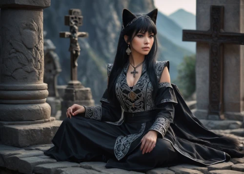 sorceress,priestess,gothic fashion,gothic woman,the enchantress,gothic dress,cosplay image,dark elf,goth woman,fantasy woman,celtic queen,huntress,the witch,crow queen,vampire woman,ancient costume,celebration of witches,gothic portrait,asian costume,gothic style,Photography,General,Fantasy