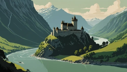 knight's castle,hogwarts,castle,rhine,castles,fjord,castel,travel poster,medieval castle,fairytale castle,schwabentor,water castle,neuschwanstein,fairy tale castle,rhine river,the alps,fjords,high alps,castle of the corvin,transylvania,Illustration,Japanese style,Japanese Style 08